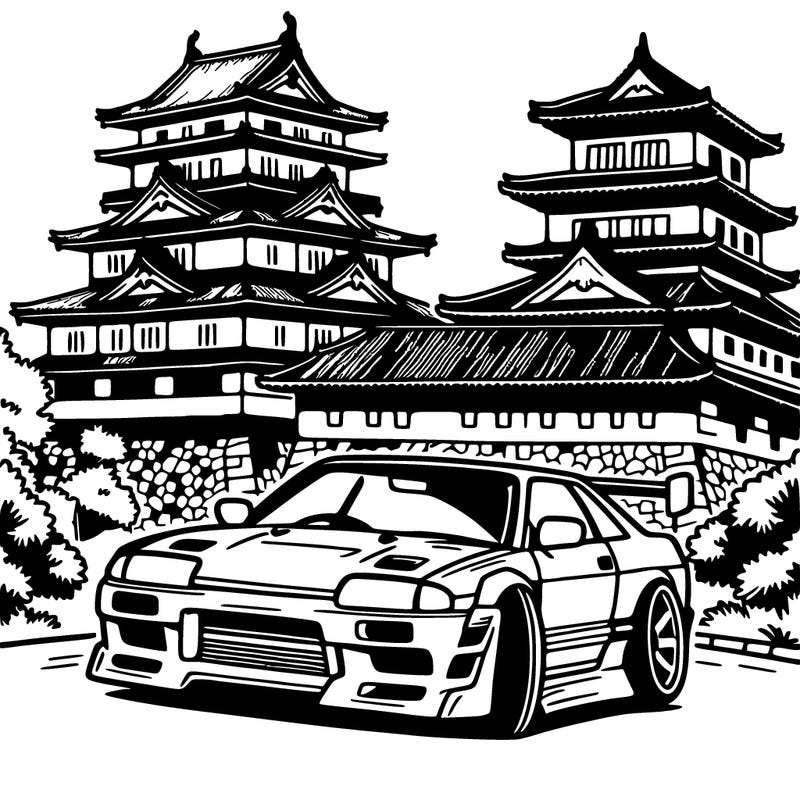 jdm car next to japanese castle
