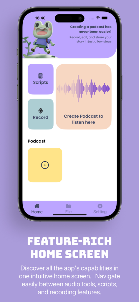 Stube : Podcast & Saver` - Pantalla de inicio de la aplicación Stube con funciones de creación de podcasts y grabación