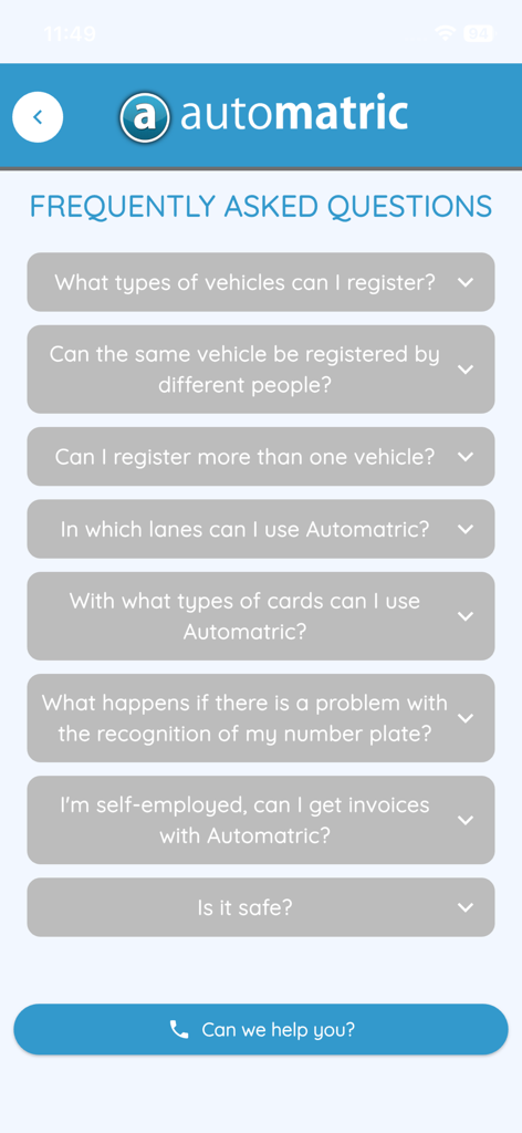 automatric - La pantalla de Preguntas Frecuentes de la aplicación Automatric que enumera las consultas comunes de los usuarios sobre el registro de vehículos y la seguridad.