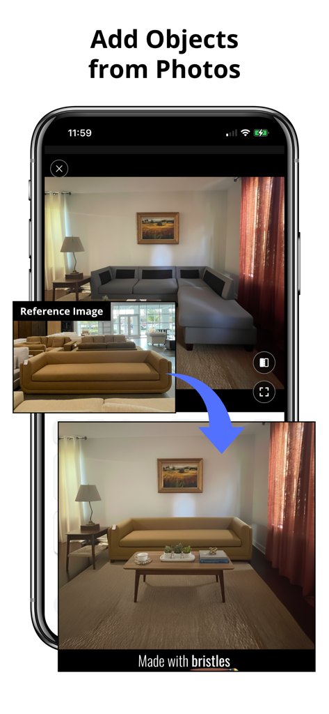 Bristles AI: Paint & Design - Bristles AI App-Oberfläche, die zeigt, wie ein gelbes Sofa aus einem Referenzfoto in ein Wohnzimmer-Mockup eingefügt wird.
