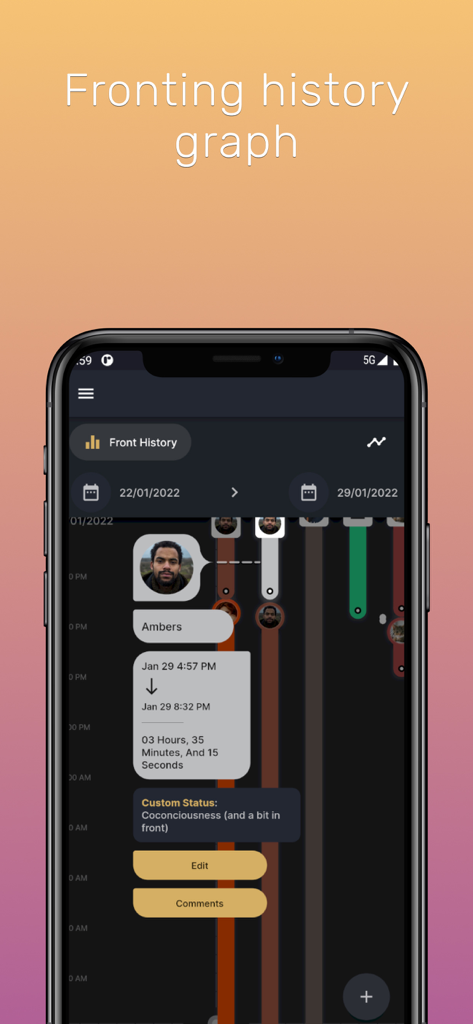 Ein mobiler Bildschirm, der die Simply Plural App Fronting-Historie-Grafik mit vertikalen farbigen Zeitachsen anzeigt, die verschiedene Systemmitglieder darstellen.