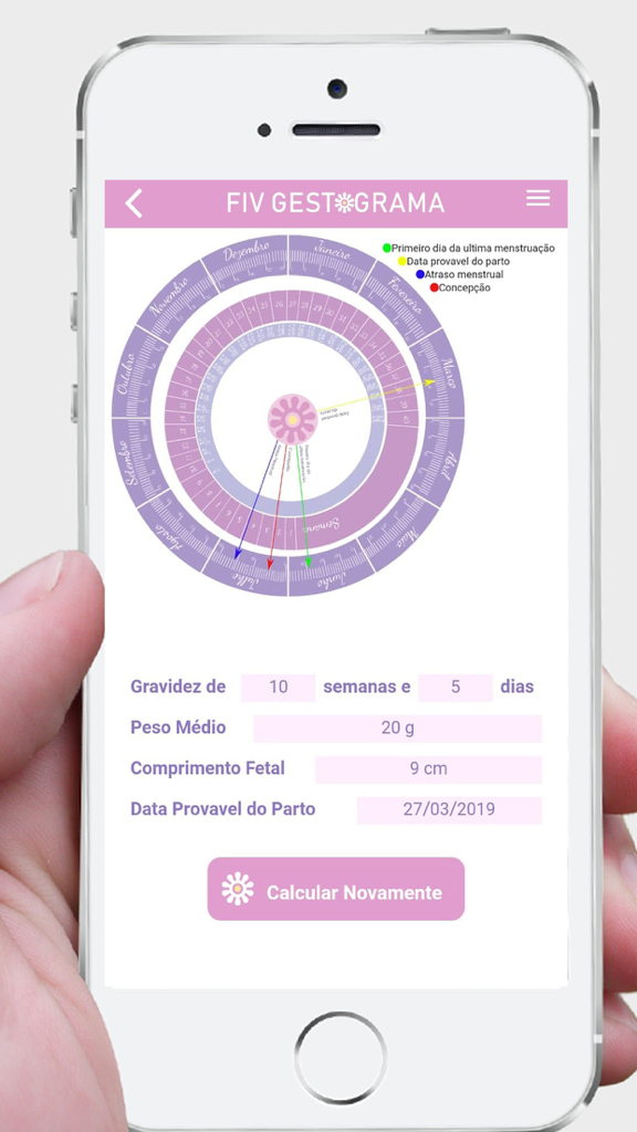 FIV Gestograma - FIV Gestograma app interface displaying a gestational wheel and pregnancy progress details
