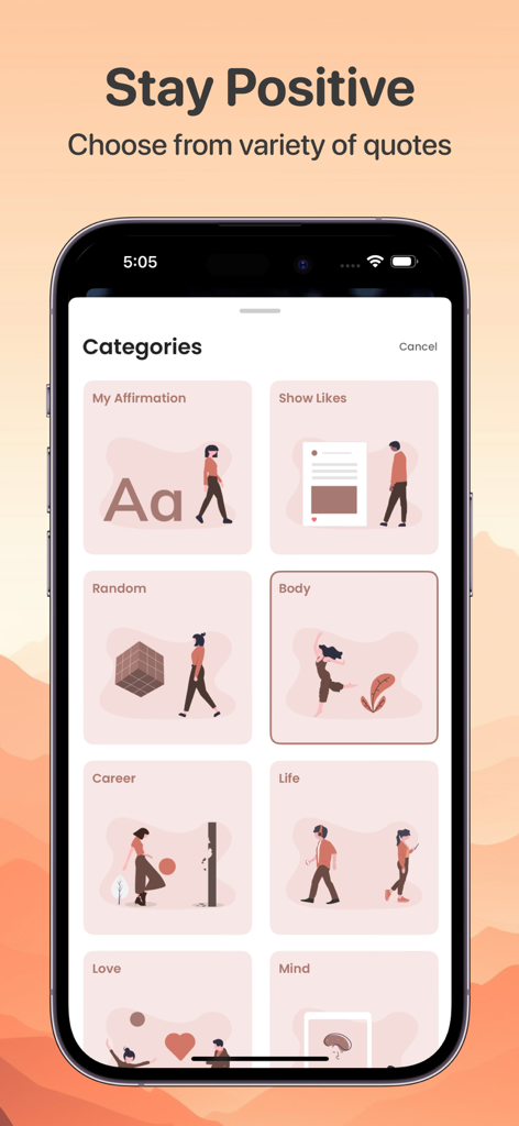 Daily Affirmations: Life Quote - Pantalla de la aplicación Afirmaciones Diarias que muestra varias categorías de citas, incluyendo Carrera, Cuerpo y Mente