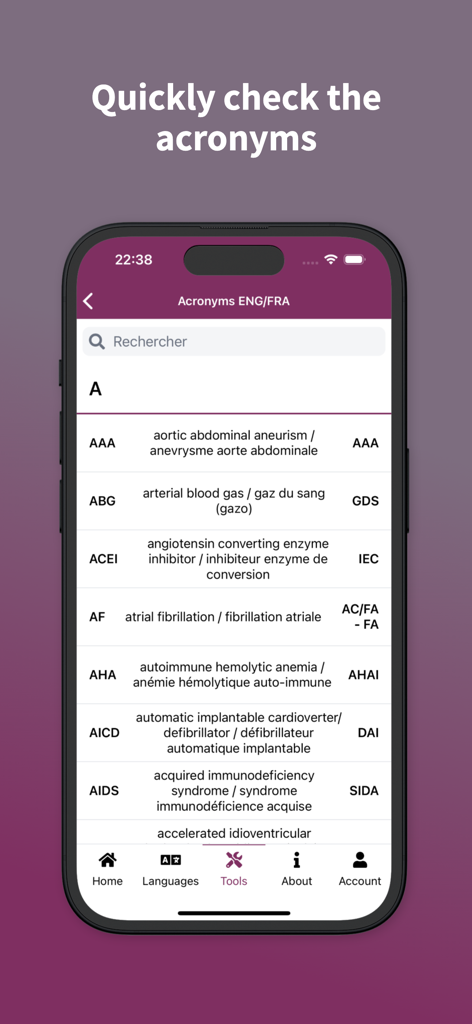 영어와 프랑스어 의료 약어 목록을 보여주는 메디글롯 앱 화면