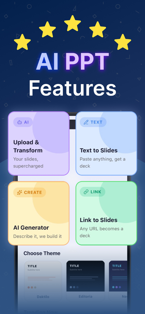 GMM AI APP: Presentation Maker - 텍스트를 슬라이드로 변환 및 AI 생성기 옵션을 포함한 GMM AI 앱 기능