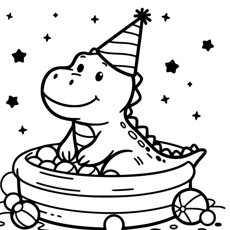 dinosaur wearing party hat in ball pit