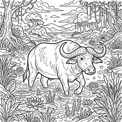 Discover the tranquility of the wild with this stunning water buffalo coloring page. Dive into a full-scene river landscape, complete with lush vegetation and a majestic buffalo, ready for your artistic touch.