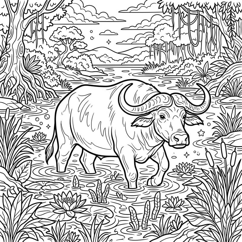Discover the tranquility of the wild with this stunning water buffalo coloring page. Dive into a full-scene river landscape, complete with lush vegetation and a majestic buffalo, ready for your artistic touch.