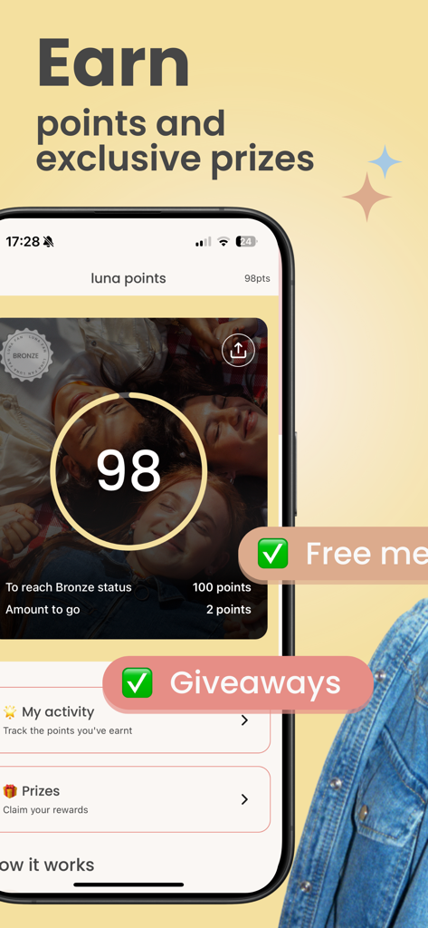 luna: teen health & period app - Screenshot della pagina premi dell'app luna che mostra punti guadagnati e progressi verso premi e omaggi di stato Bronzo