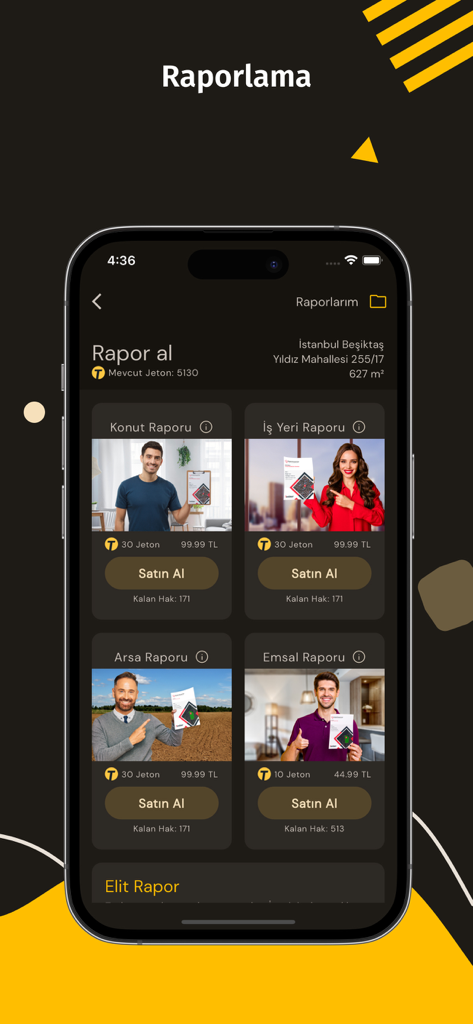 Interface de l'application Tapusor montrant les options de rapports immobiliers pour les logements, les lieux de travail et les terrains en Turquie