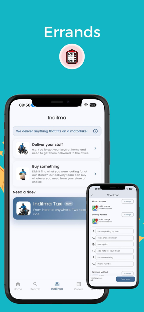 Pantalla de recados de la aplicación Indil con opciones de entrega de artículos, compras personales y viajes en taxi junto con un formulario de pago.