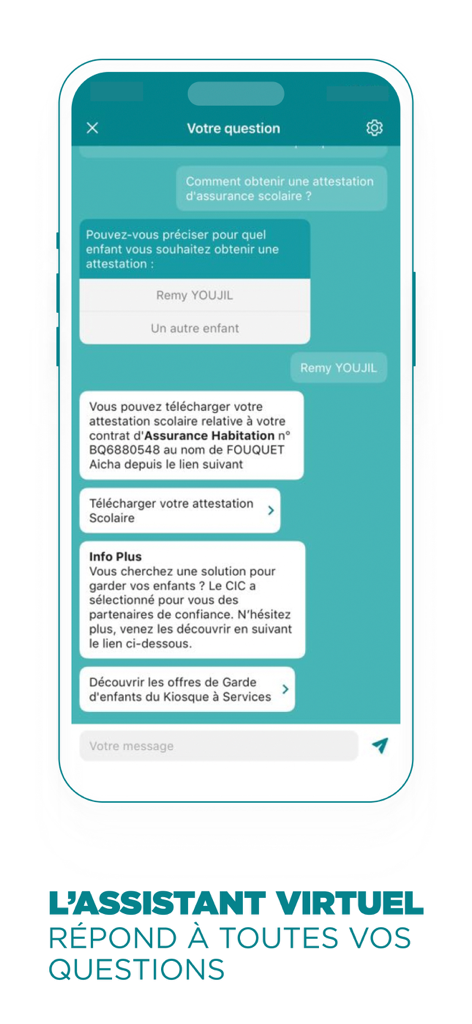 Screenshot of the CIC mobile app virtual assistant answering a user question about insurance in French.