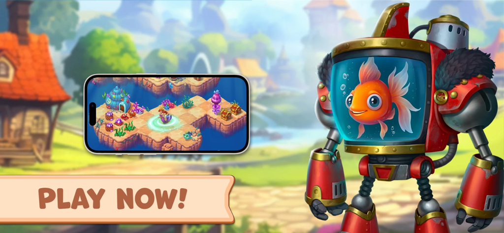 Mergest Kingdom: merge puzzle - A robot with a goldfish in its head next to a smartphone showing Mergest Kingdom gameplay