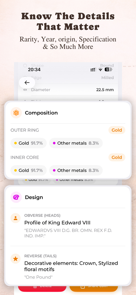 Coin Identifier: CoinScope - Bildschirm der CoinScope-App, der detaillierte Informationen zur Zusammensetzung und zum Design einer Goldmünze anzeigt.