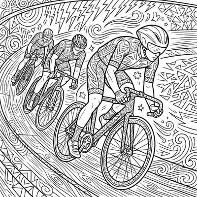 Immerse yourself in the high-speed world of track cycling with this dynamic coloring page. Featuring three athletes amidst a whirlwind of abstract patterns, it promises an engaging and challenging creative experience.