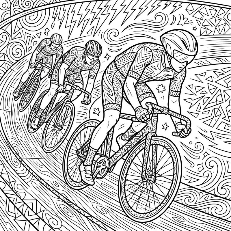 Immerse yourself in the high-speed world of track cycling with this dynamic coloring page. Featuring three athletes amidst a whirlwind of abstract patterns, it promises an engaging and challenging creative experience.
