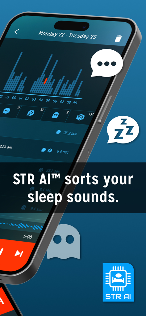 Sleep Talk Recorder - スリープトークレコーダーアプリのインターフェース。STR AIがいびきや会話などのカテゴリに睡眠音をソートしている様子が表示されます。