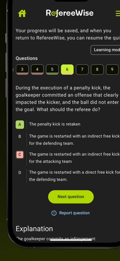 Smartphone screen showing a soccer referee certification quiz question about penalty kick rules in the RefereeWise app