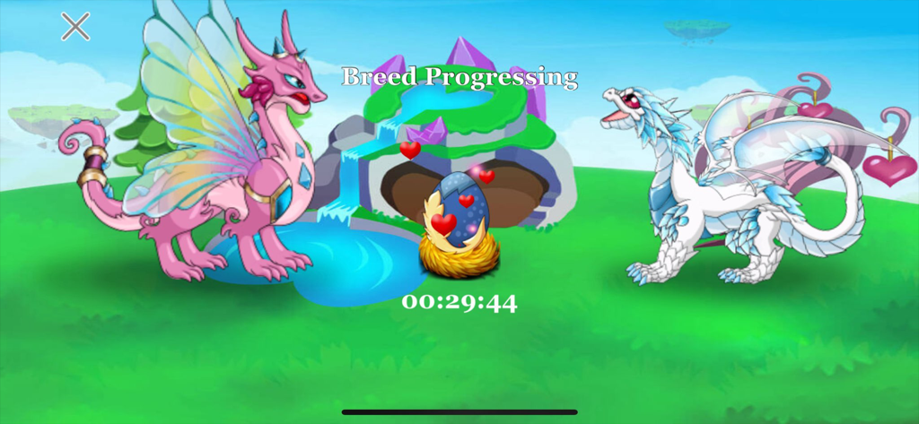 Dragon Village -A City Builder - A pink dragon and a white dragon breeding an egg in Dragon Village.