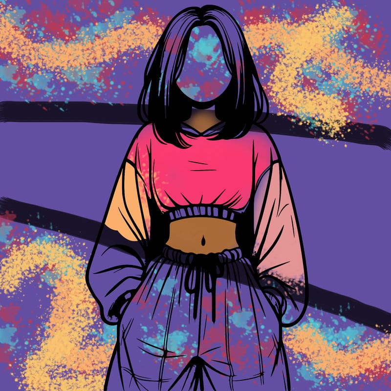 realistic girl faceless with baggy pants and a crop top