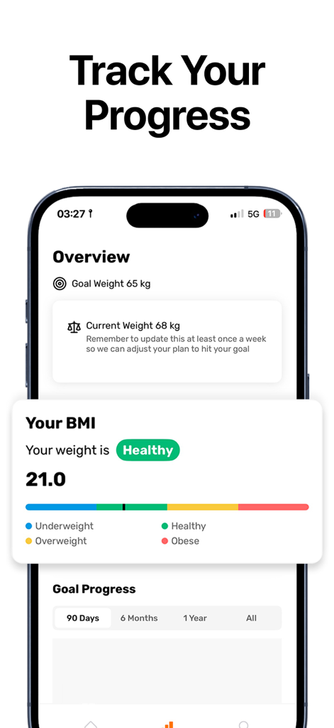 FitCal: Calorie Counter - FitCal app dashboard showing weight tracking healthy BMI status and goal progress