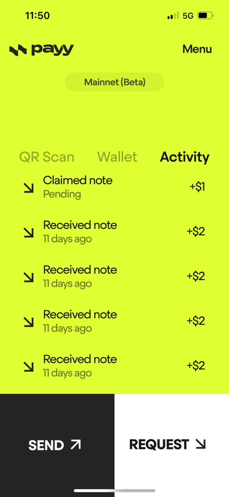 Payy app screen displaying recent transaction activity and options to send or request money.