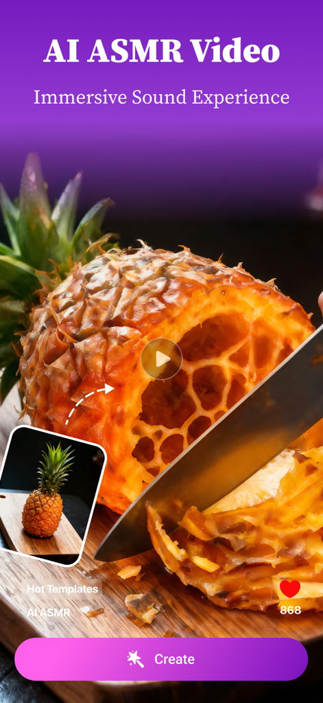 Pollo Max: AI ASMR Video Maker - Pollo Max app interface for creating AI ASMR videos featuring a pineapple being sliced