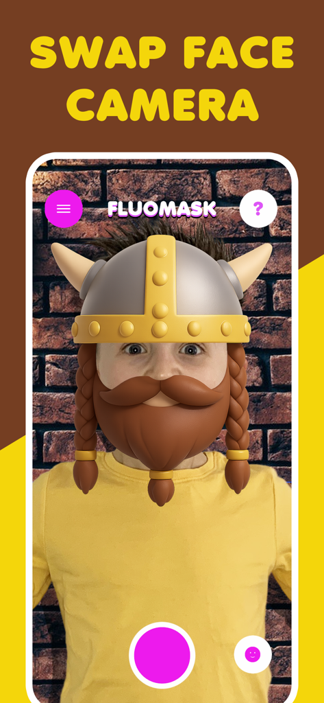 Face filter kids game FluoMask - A child using a 3D Viking helmet and beard face filter in the FluoMask app