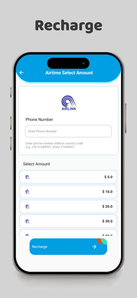 WiseUp Solution - Wallet - Smartphone screen showing WiseUp Wallet airtime recharge interface with phone number input and dollar amount options for mobile top-up
