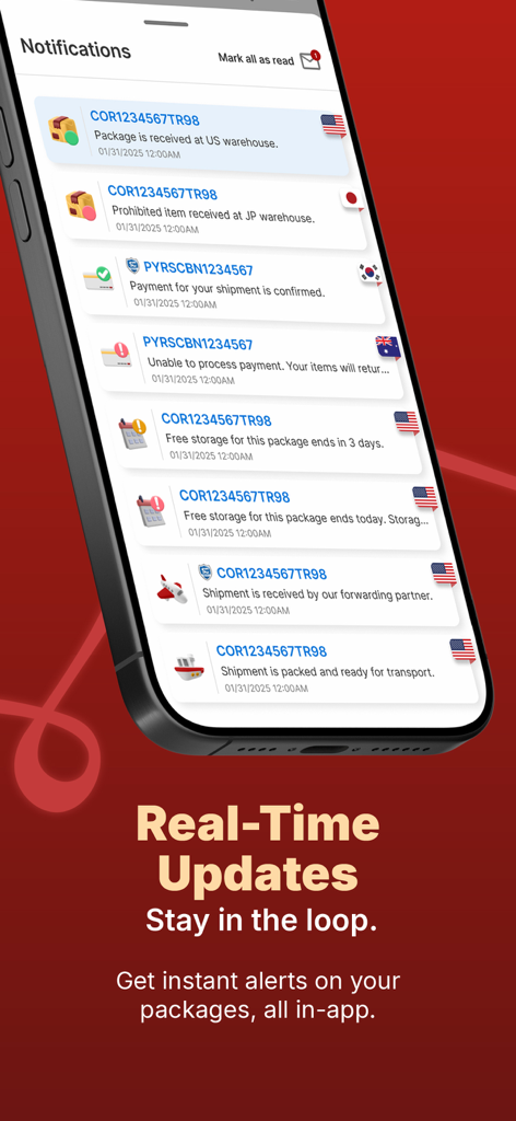 ShippingCart mobile app notification center displaying real-time package status updates and international shipping alerts.