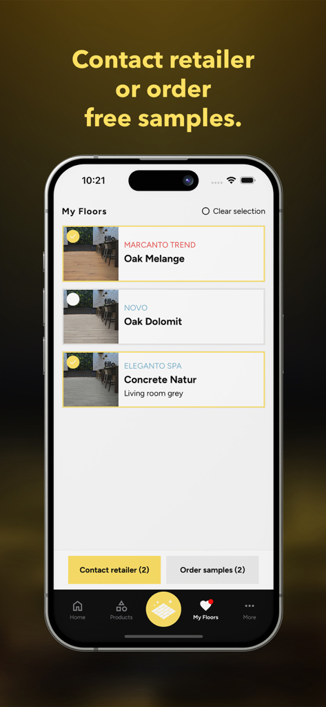 tilo フローリングレイヤーアプリのマイフロア画面。保存された床材デザインと、小売業者への連絡または無料サンプルの注文オプションが表示されている。