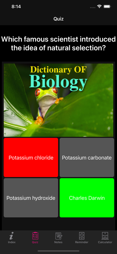 Biology quiz screen asking about natural selection with Charles Darwin highlighted as the correct answer