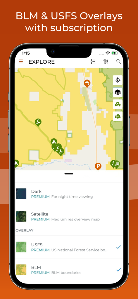 iOverlander 2 map screen showing BLM and USFS land overlays