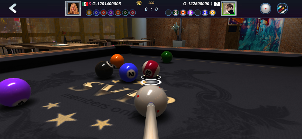 A first person 3D view of a billiards game in Real Pool 3D 2 featuring realistic graphics and pool balls.