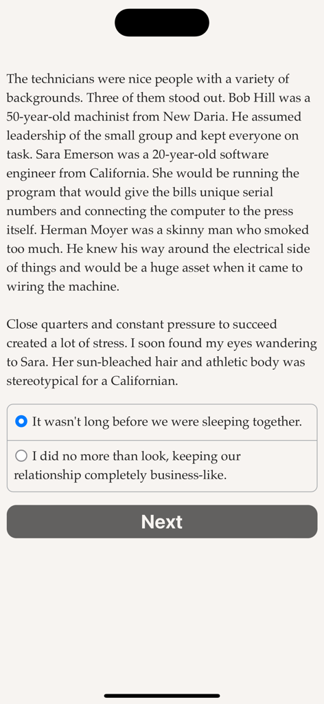 Life of a Mobster - A text-based gameplay screenshot of Life of a Mobster showing a narrative choice between a romantic or professional relationship with a character.