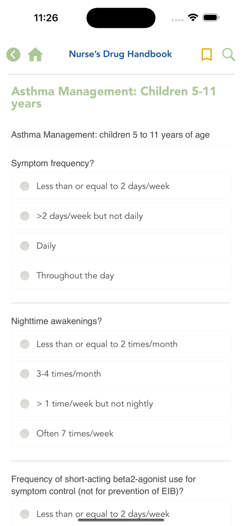 Evaluación del manejo del asma para niños en la aplicación Nurses Drug Handbook.