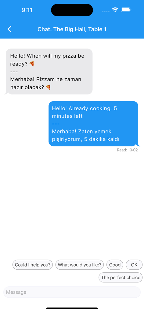 Alisa Garson - Alisa Garson restaurant app chat interface showing automatic translation of customer messages between English and Turkish.