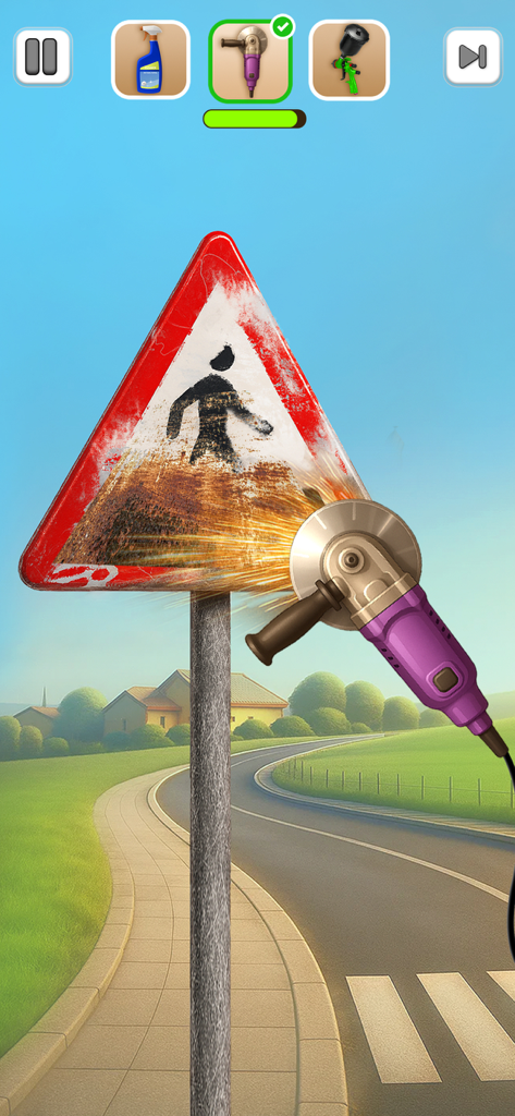 A purple angle grinder being used to clean rust off a pedestrian crossing road sign in a simulation game.