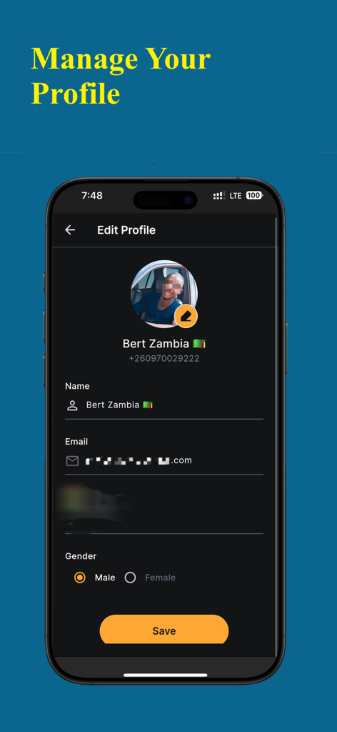 Bert Ride - Pantalla de edición de perfil de usuario en la app Bert Ride