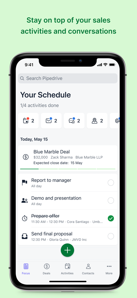 CRM sales tracker by Pipedrive - Pipedrive mobile app interface showing a sales professional daily schedule and deal activities