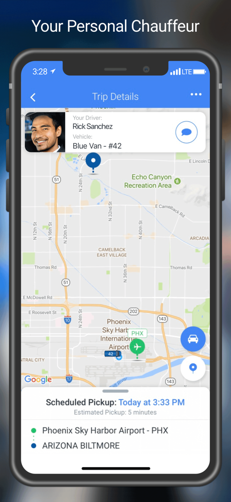 SuperShuttle - Interfaz de la aplicación SuperShuttle que muestra el seguimiento del viaje en tiempo real en un mapa con información del conductor y hora de recogida programada