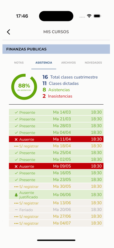 UADE Webcampus - Mobile screen showing class attendance statistics and history in the UADE Webcampus university app.