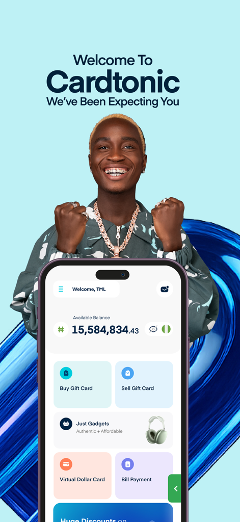 Welcome screen of the Cardtonic app showing a smiling man and a financial dashboard with options for virtual cards and gift cards