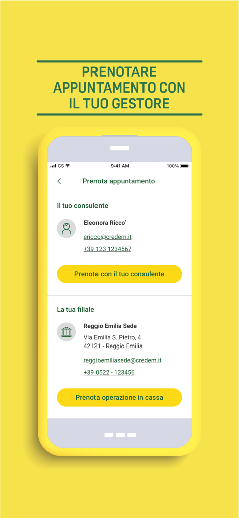 Credem Banca per imprese - Pantalla de la aplicación móvil para reservar una cita con un asesor bancario empresarial o sucursal