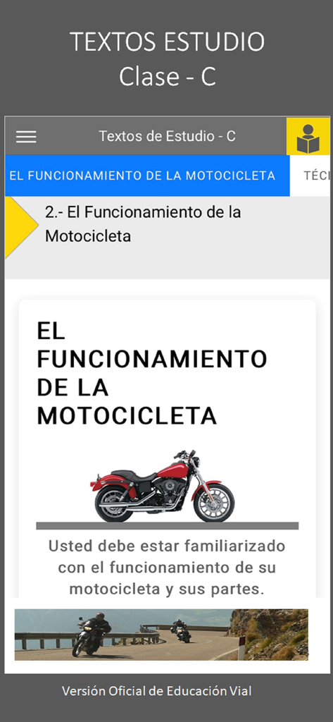Educación Vial - Materiali di studio per la patente di Classe C per motociclisti nell'app Educacion Vial che mostrano il funzionamento e le parti