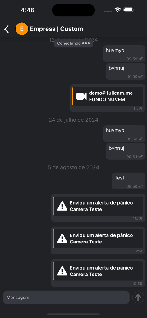 EasyCam - EasyCam app chat interface displaying security panic alerts and camera activity notifications.