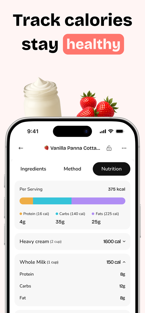 A mobile interface for Recipy app showing detailed nutrition facts including calories and macros for a panna cotta recipe