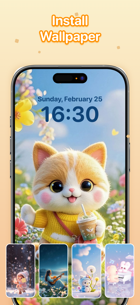 Blocco schermo dell'iPhone che mostra uno sfondo carino di gatto arancione con una selezione di altri temi estetici e un pulsante per installare lo sfondo.