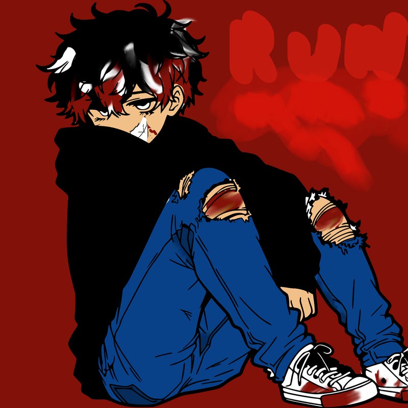 a male hoddie ripped jeans messy hair anime
