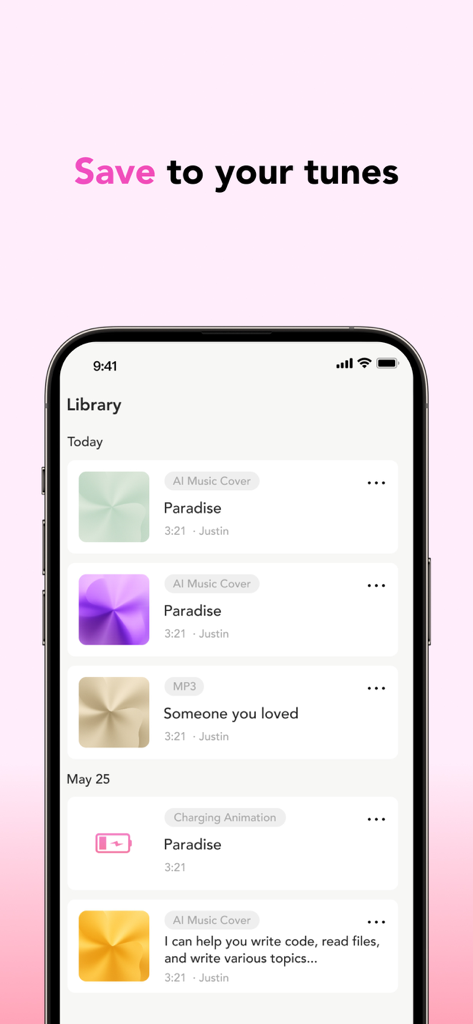 ClipTone: Ringtone & AI Cover - ClipTone app interface showing a library of saved AI music covers and custom ringtones on an iPhone.